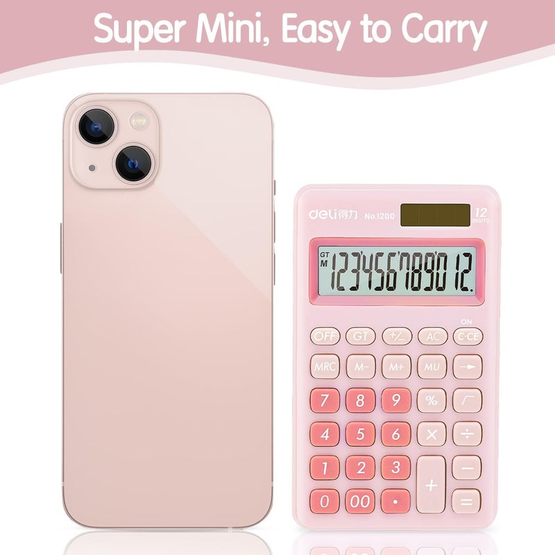 Deli Standard Function Basic Calculator, 12 Digit Desktop Calculator with Large LCD Display, Solar Battery Dual Power Office Calculators, Pink - Image 3